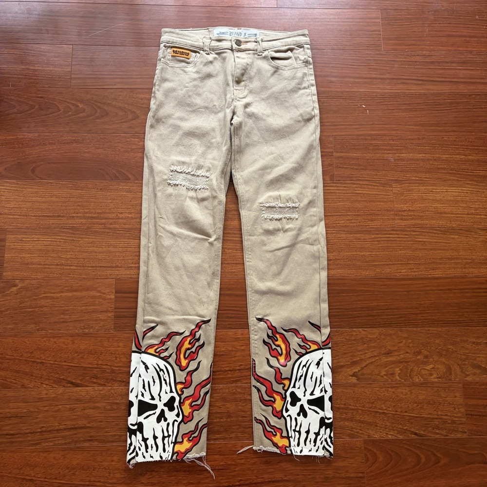 Brand X Skinny Jeans Men's 30 Skull Flame Design Distressed Y2K Grunge Beige